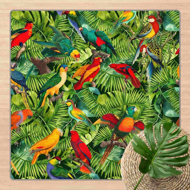 Moderner Teppich Bunte Collage - Papageien im Dschungel