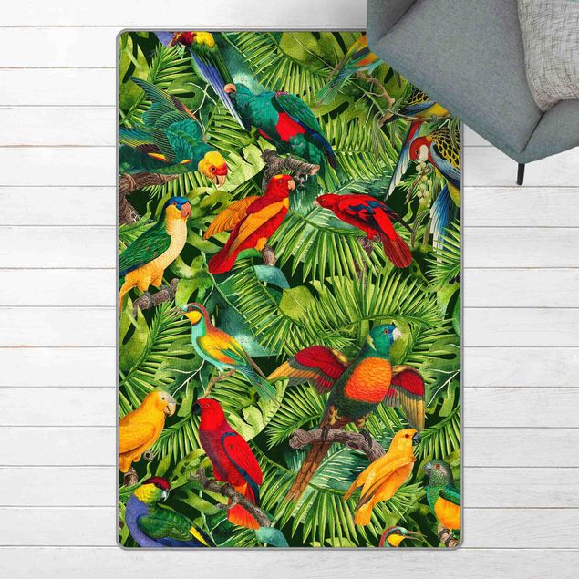 Moderner Teppich Bunte Collage - Papageien im Dschungel