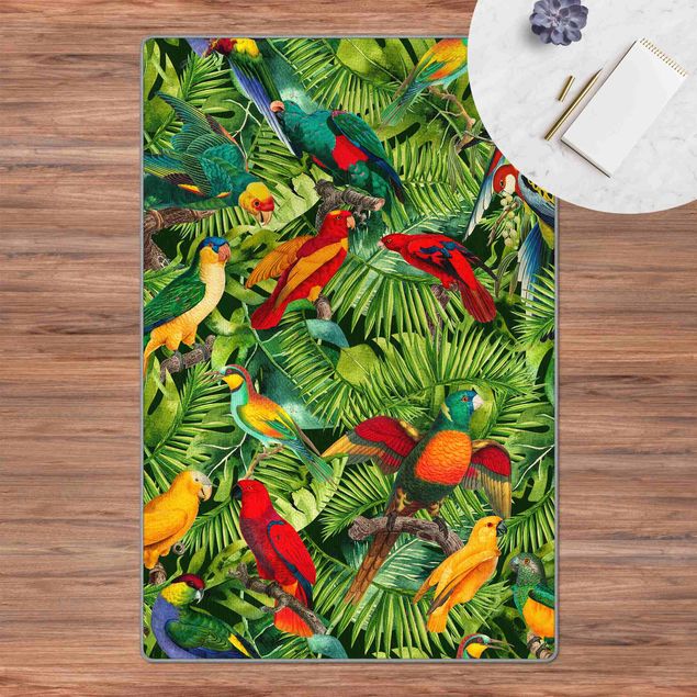 Teppich Blumen Bunte Collage - Papageien im Dschungel
