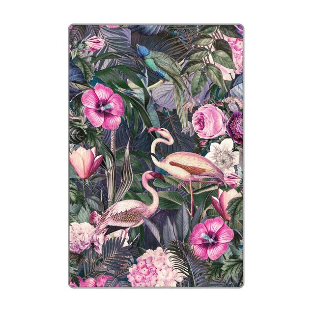 Teppich Natur Bunte Collage - Pinke Flamingos im Dschungel