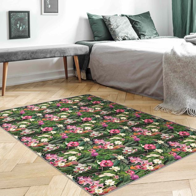 Teppich grün Bunte tropische Blumen Collage