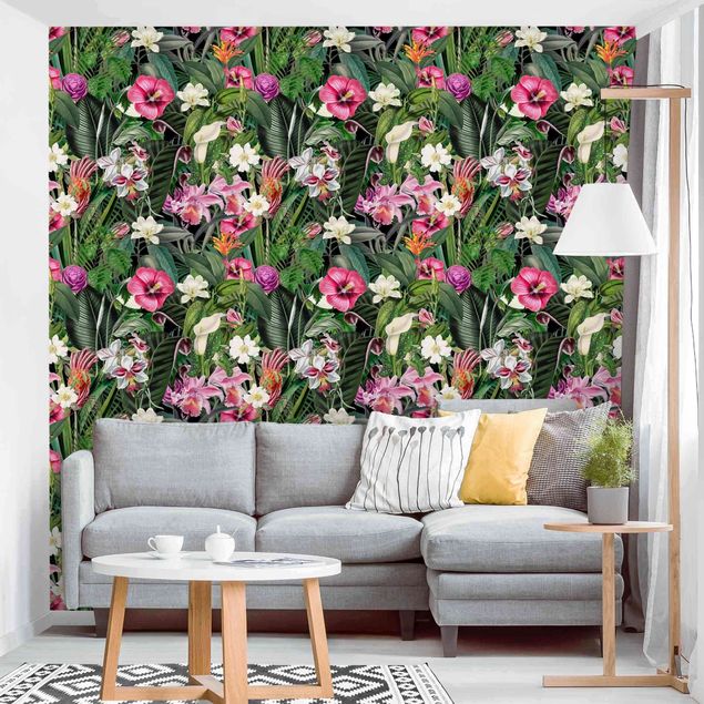 Tapete Bunte tropische Blumen Collage