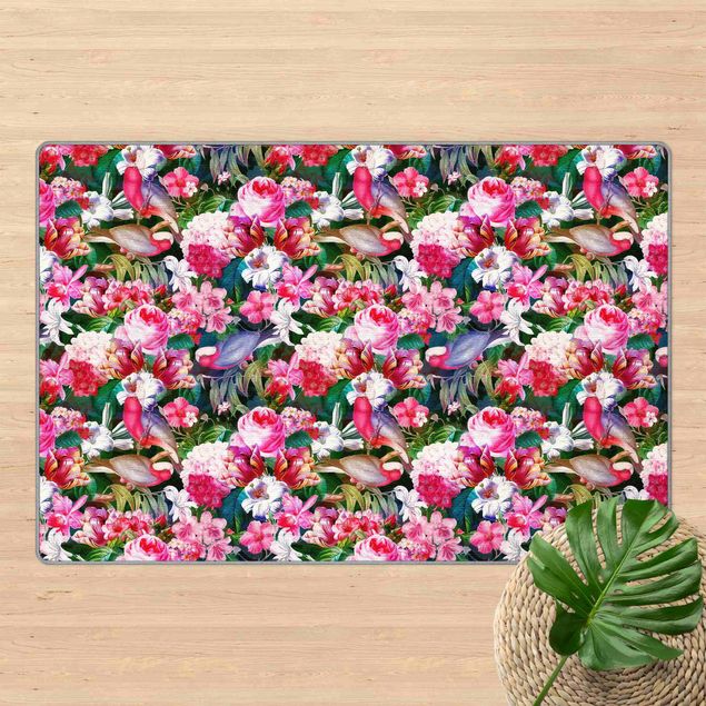 Moderner Teppich Bunte Tropische Blumen mit Vögeln Pink