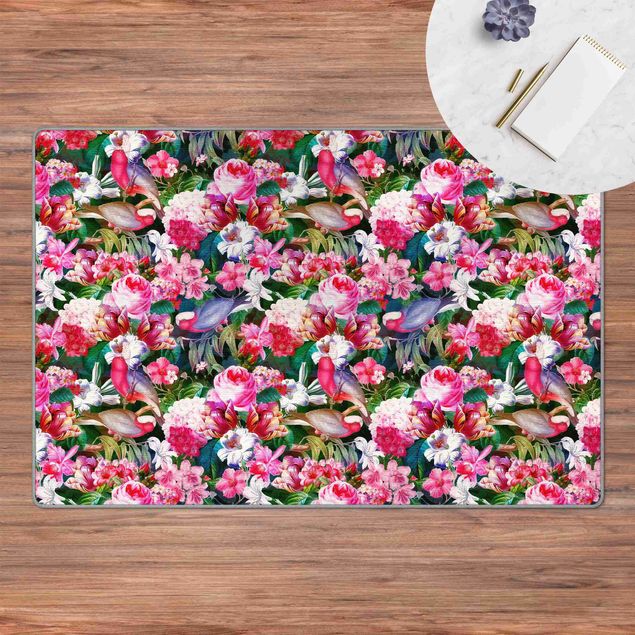 Teppich Blumen Bunte Tropische Blumen mit Vögeln Pink