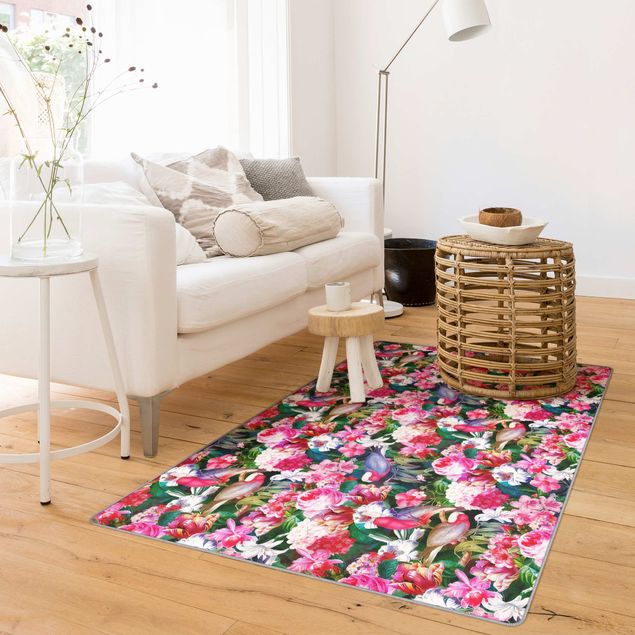 Teppich bunt Bunte Tropische Blumen mit Vögeln Pink