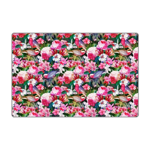 grosser Teppich Bunte Tropische Blumen mit Vögeln Pink