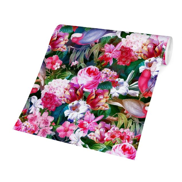 Tapeten Muster Bunte Tropische Blumen mit Vögeln Pink