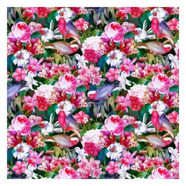 Moderne Tapeten Bunte Tropische Blumen mit Vögeln Pink