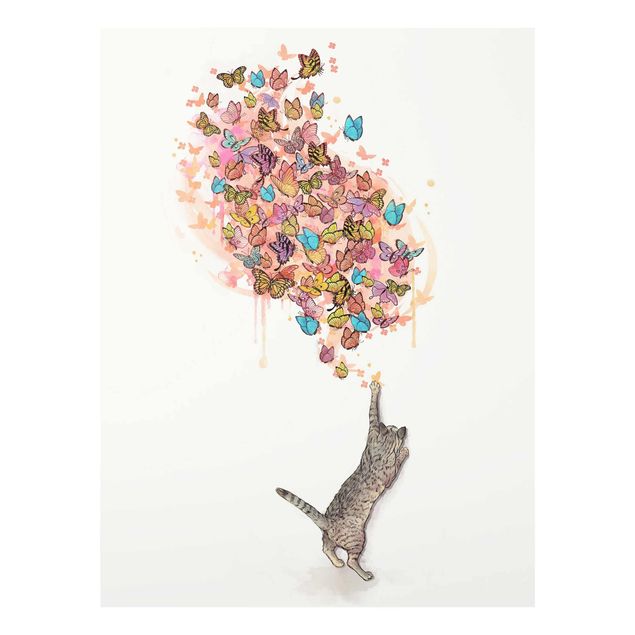 Glasbild - Illustration Katze mit bunten Schmetterlingen Malerei - Hochformat 4:3