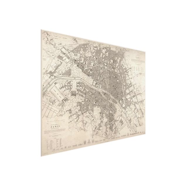 Glasbild Weltkarte Vintage Stadtplan Paris