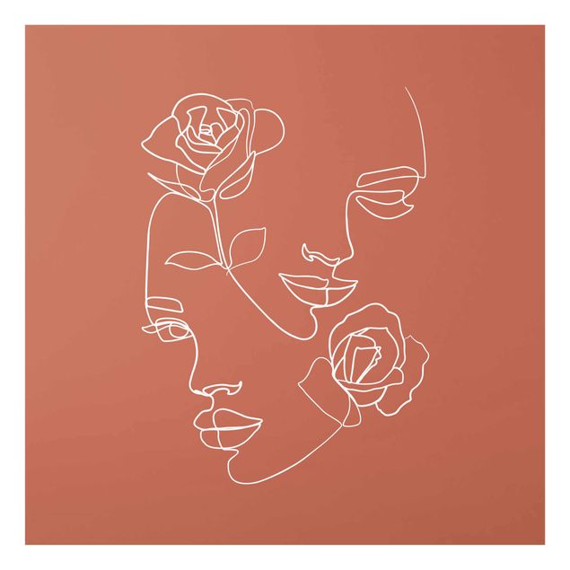 Glasbild - Line Art Gesichter Frauen Rosen Kupfer - Quadrat 1:1