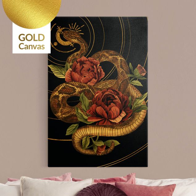Leinwandbild Gold - Schlange mit Rosen Schwarz und Gold I - Hochformat 2:3