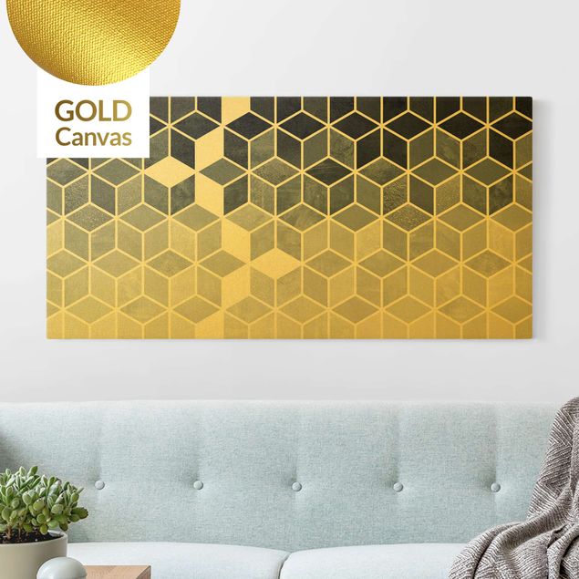 Leinwandbild Gold - Goldene Geometrie - Blau Weiß - Querformat 2:1