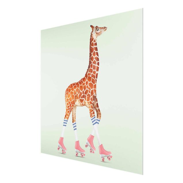 Glasbilder Giraffe mit Rollschuhen