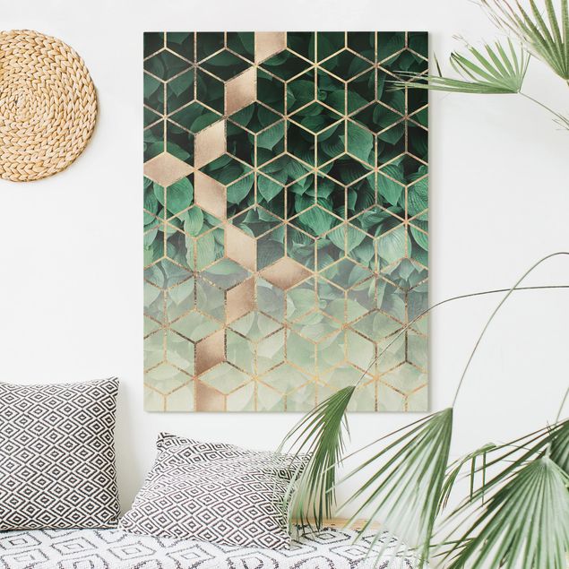 Wandbilder Wohnzimmer modern Grüne Blätter goldene Geometrie