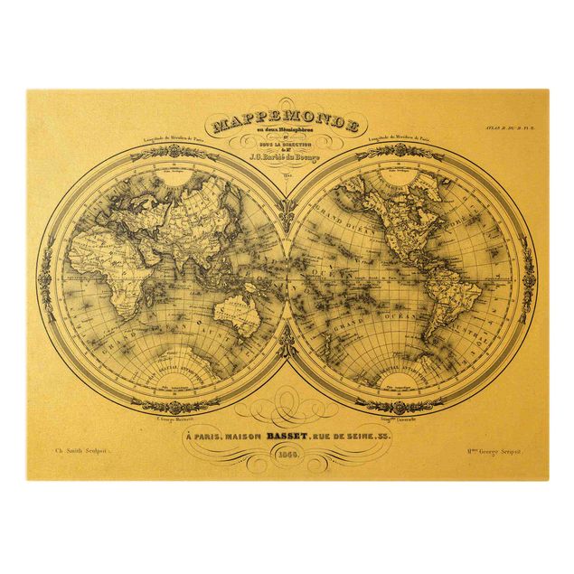 Schöne Leinwandbilder Weltkarte - Französische Karte der Hemissphären von 1848