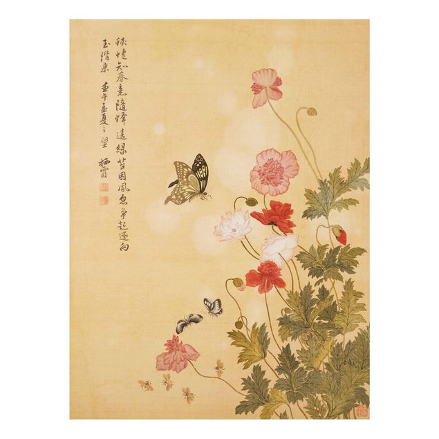 Glasbild Tiere Yuanyu Ma - Mohnblumen und Schmetterlinge