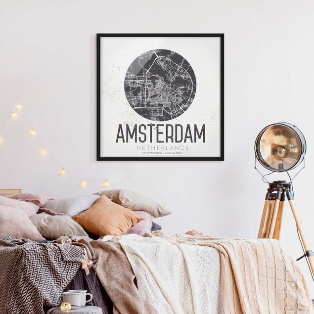 Gerahmte Bilder mit Sprüchen Stadtplan Amsterdam - Retro