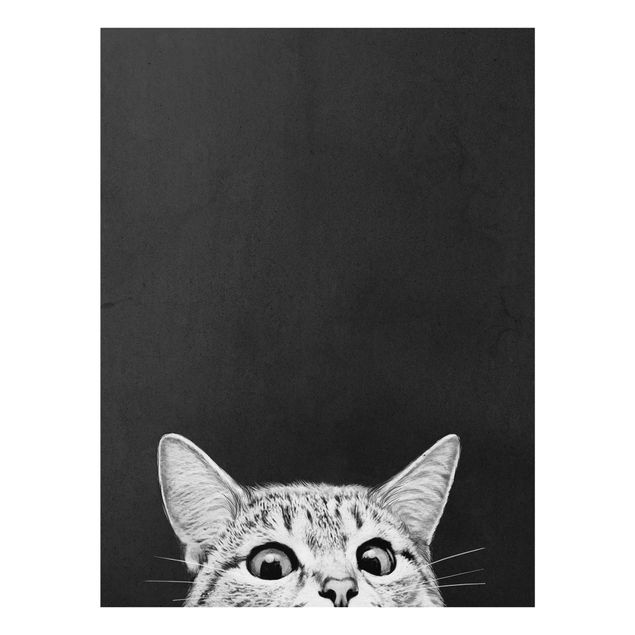 Glasbild - Illustration Katze Schwarz Weiß Zeichnung - Hochformat 4:3