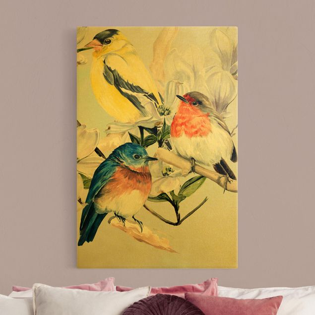 Leinwandbild Gold - Bunte Vögel auf einem Magnolienast II - Hochformat 2:3