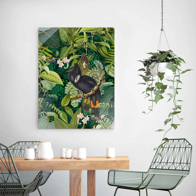 Glasbilder Pflanzen Bunte Collage - Kakadus im Dschungel