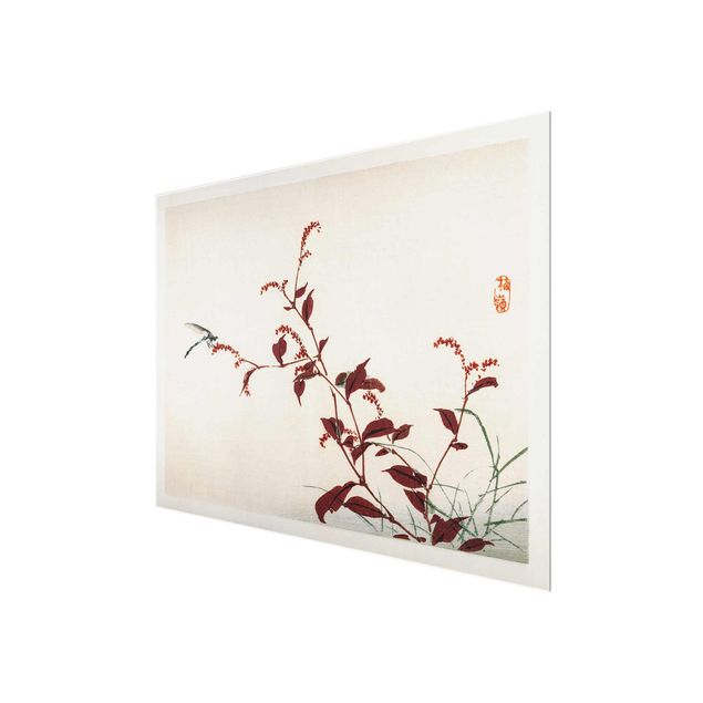 Glas Wandbilder Asiatische Vintage Zeichnung Roter Zweig mit Libelle