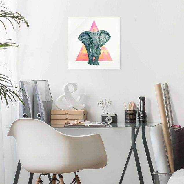 Glasbild - Illustration Elefant vor Dreieck Malerei - Quadrat 1:1
