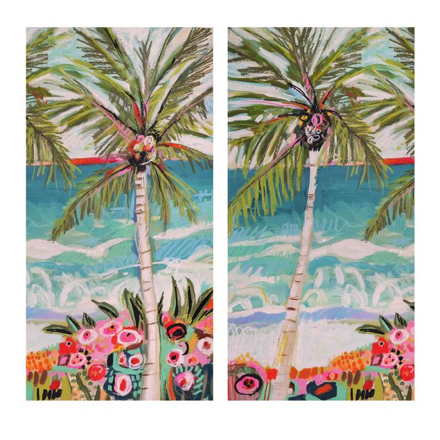 Wandbilder Palme mit pinken Blumen Set I