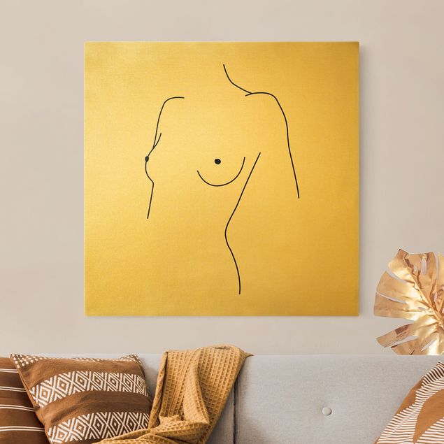 Leinwandbild Gold - Line Art Akt Büste Frau Schwarz Weiß - Quadrat 1:1