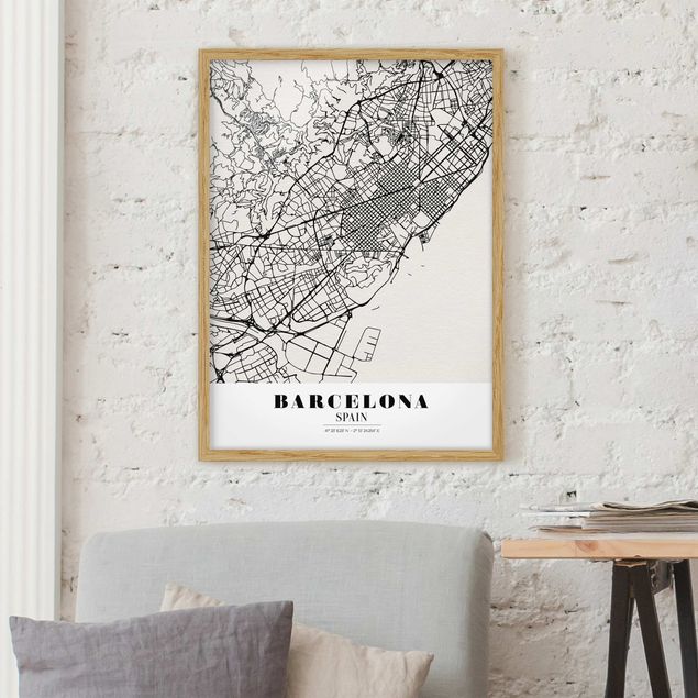 Schwarz-Weiß Bilder mit Rahmen Stadtplan Barcelona - Klassik