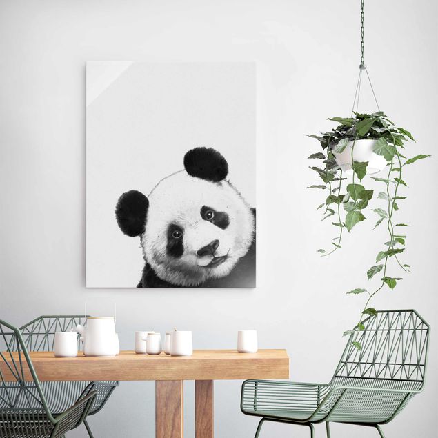 Glasbild - Illustration Panda Schwarz Weiß Malerei - Hochformat 4:3