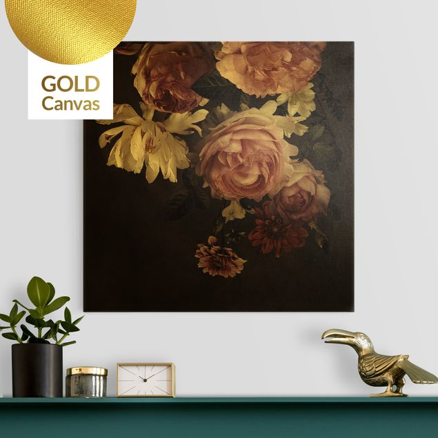 Leinwandbild Gold - Rosa Blumen auf Schwarz Vintage - Quadrat 1:1