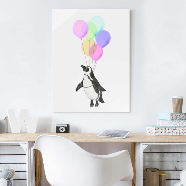 Illustration Pinguin Pastell Luftballons Glasbild im Hochformat 3:4