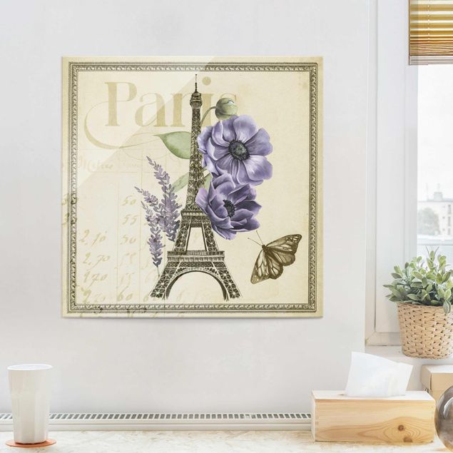 Glasbild Blumen Paris Collage Eiffelturm