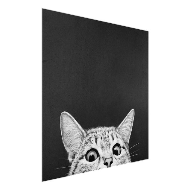 Glasbild Schwarz-Weiß Illustration Katze Schwarz Weiß Zeichnung