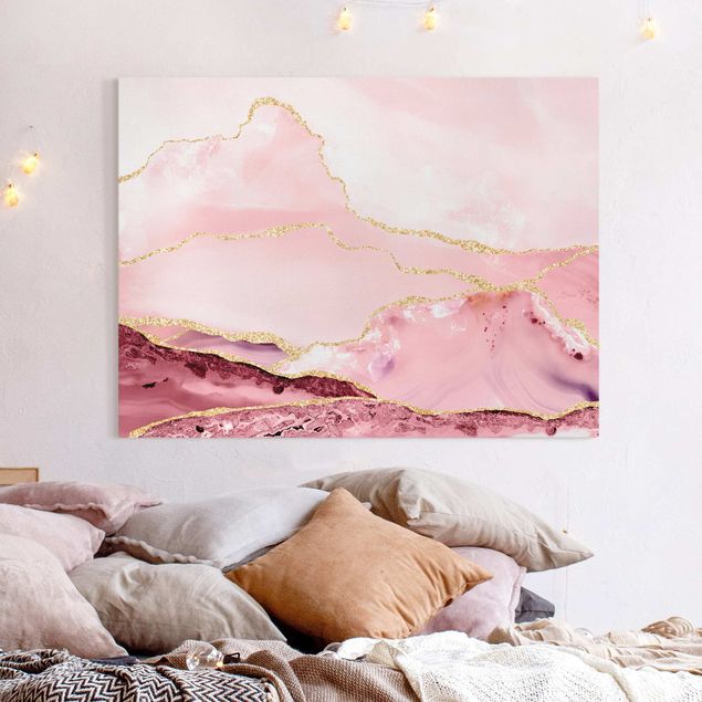 Wandbilder XXL Abstrakte Berge Rosa mit Goldenen Linien