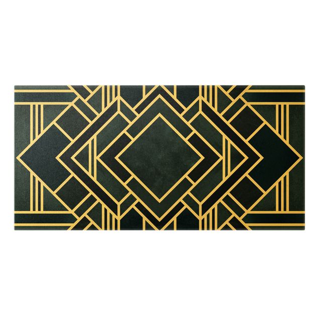 Leinwandbild Gold - Goldene Geoemetrie - Art Deco Blau - Querformat 2:1