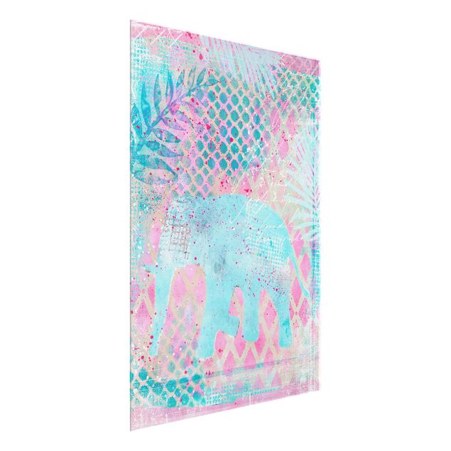 Glasbilder Natur Bunte Collage - Elefant in Blau und Rosa