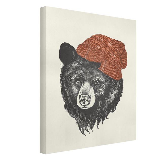 Leinwandbilder Schwarz-Weiß Illustration Bär mit roter Mütze Zeichnung