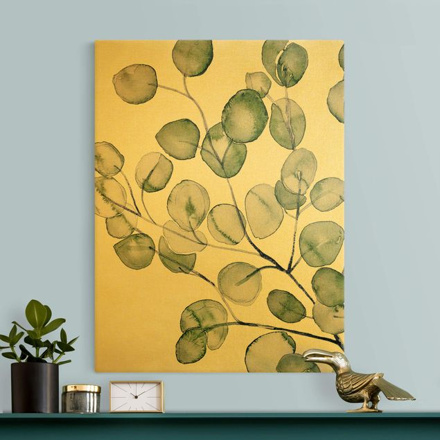 Leinwandbild Gold - Grünes Aquarell Eukalyptuszweig - Hochformat 3:4