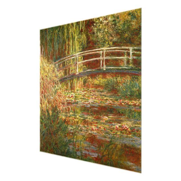 Glasbild Landschaften Claude Monet - Seerosenteich und japanische Brücke (Harmonie in rosa)