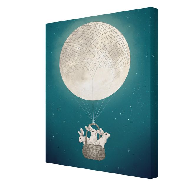 Moderne Leinwandbilder Wohnzimmer Illustration Hasen Mond-Heißluftballon Sternenhimmel