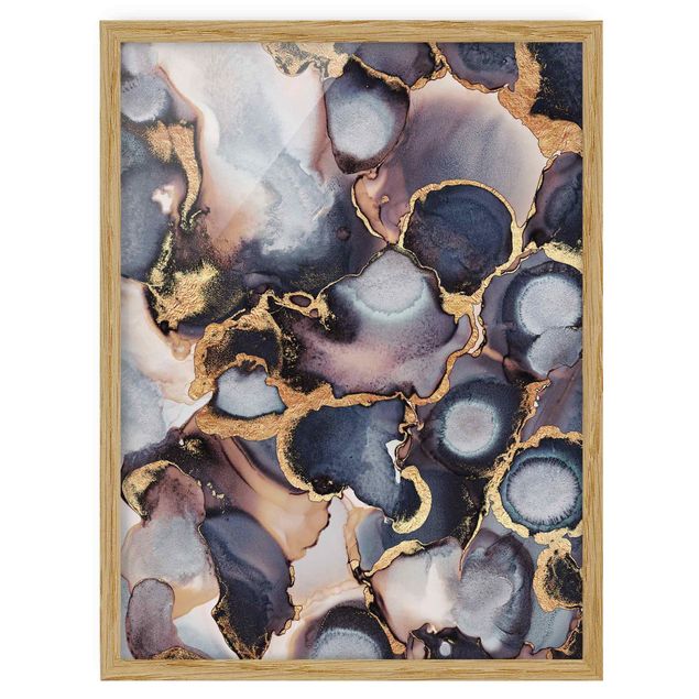 Kunstdruck Bilder mit Rahmen Marmor Aquarell mit Gold