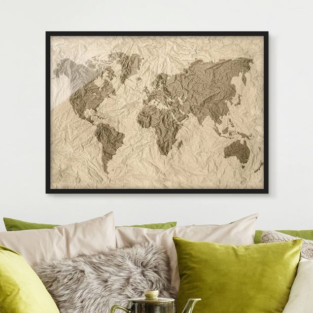 Weltkarte mit Bilderrahmen Papier Weltkarte Beige Braun