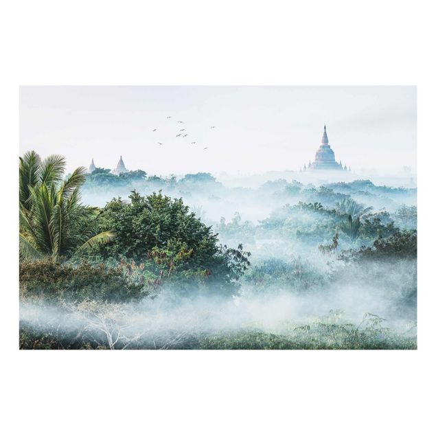 Glasbild - Morgennebel über dem Dschungel von Bagan - Querformat 3:2