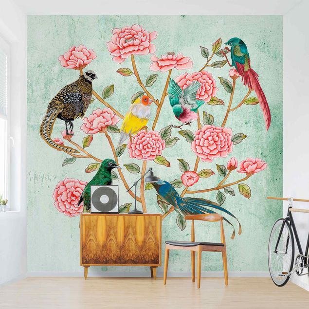 Tapete Vögel Chinoiserie Collage in Mint II