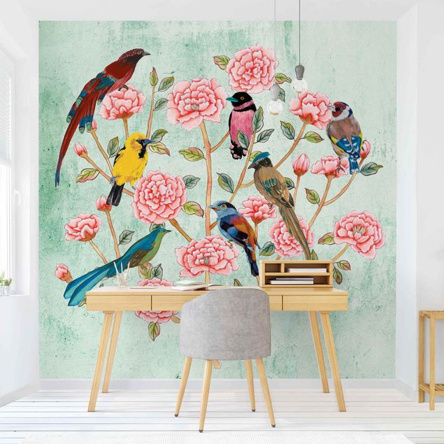 Tapete Vögel Chinoiserie Collage in Mint