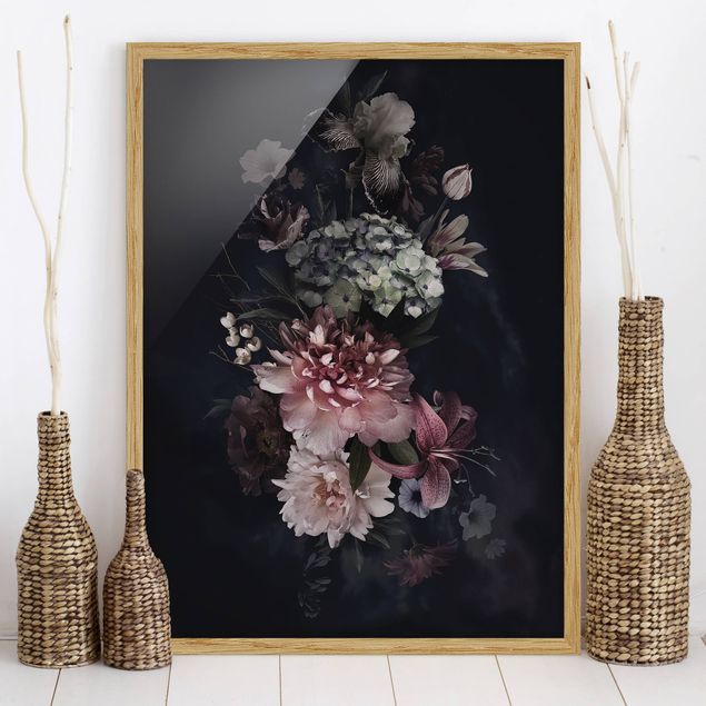Blumen Bilder mit Rahmen Blumen mit Nebel auf Schwarz