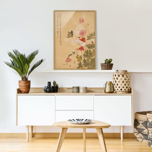 Kunstdrucke mit Rahmen Yuanyu Ma - Mohnblumen und Schmetterlinge