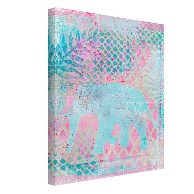 Leinwandbilder Blumen Bunte Collage - Elefant in Blau und Rosa